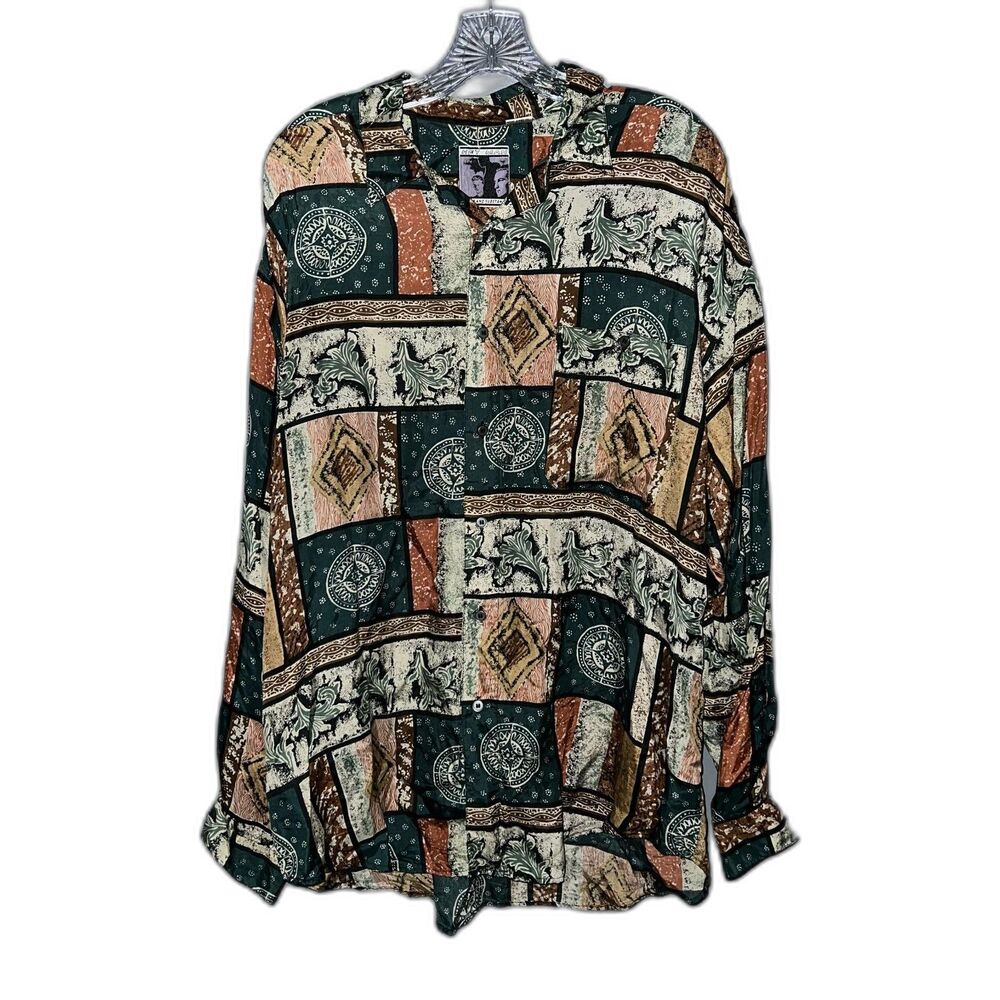 Vintage Men's Long Sleeve Abstract Floral Paisley Print Silk Button Down